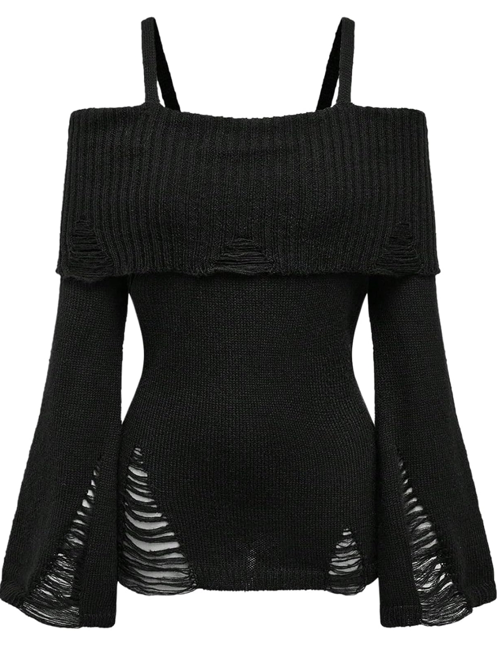 Black Off-Shoulder Distressed Knit Sweater Women's XS Soft Fabric With Stretch